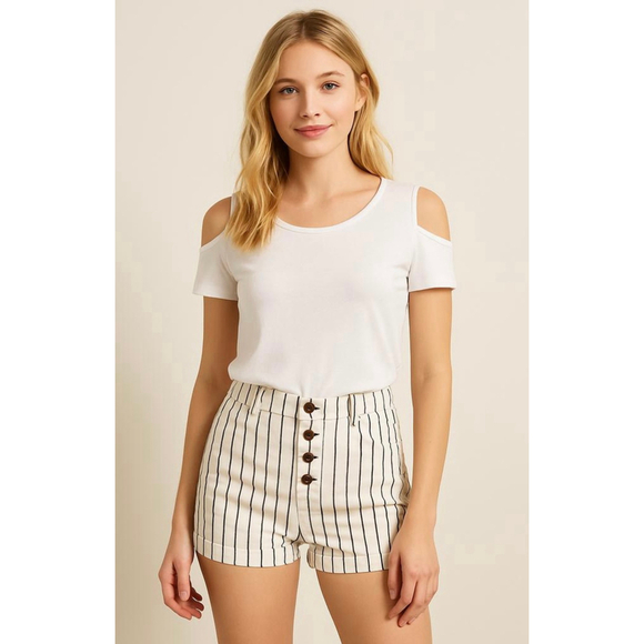 Rewash Striped High Rise Shorts Sz 5 Cream Navy High Rise Nautical Coastal Beach - Picture 1 of 14